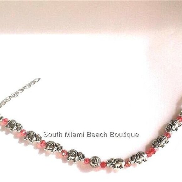 Elephant Bead Charm Bracelet Silver Plated 7-8.5" Adjustable Red Boho Tribal - Picture 5 of 9